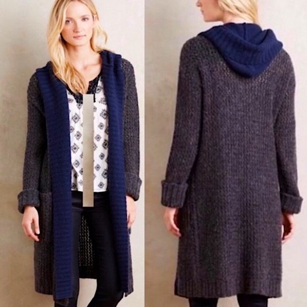 Anthropologie Long Hooded Open-Front Cardigan in Charcoal and Navy